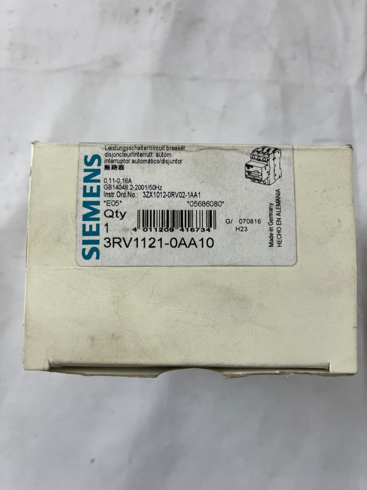 Siemens 3RV1121-0AA10 Motor Protection Circuit Breaker 0.11-0.16A New Unit