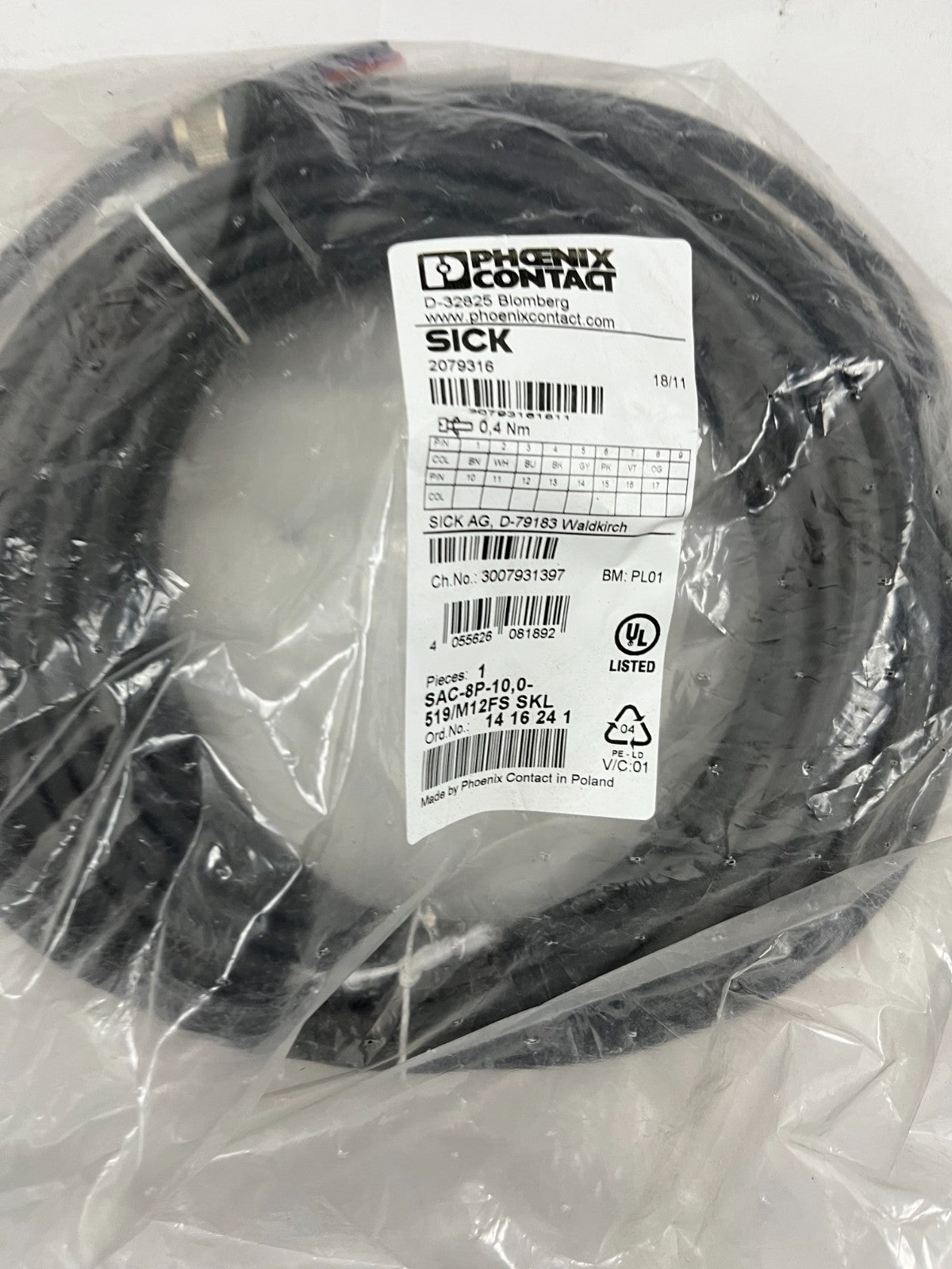 Phoenix Contact SAC-8P-10.0-519/M12FS SKL Sensor Cable 8-Pin M12 Female 10m SICK