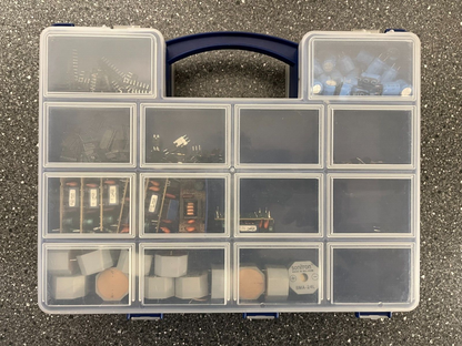 Double-Sided Organizer Box with Assorted Capacitors, IC Chips, and Electronics