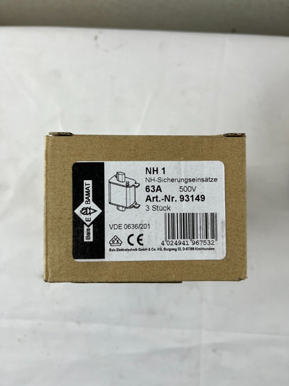 3x Bals E‑BAMAT NH1 Fuse Inserts 63A 500V gG ETI NH1C NV1C 120kA NOS Slovenia