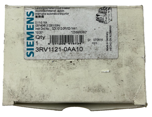 Siemens 3RV1121‑0AA10 SIRIUS Motor Protection Circuit Breaker 0.11–0.16A New