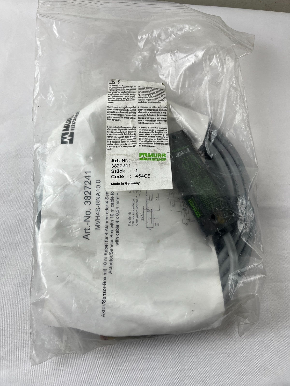 Murr Elektronik 3827241 Passive Distribution Box 4xM8 3-Pole 10m Cable MVH4S-RNA