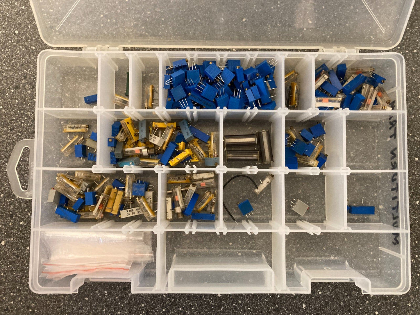 Assorted Trimmer Potentiometers and Switches Lot in Clear Plastic Storage Box