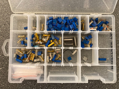 Assorted Trimmer Potentiometers and Switches Lot in Clear Plastic Storage Box