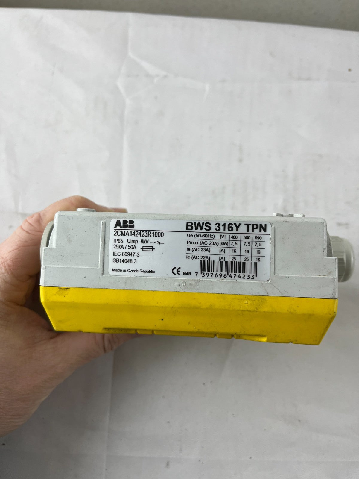 ABB BWS 316Y TPN USED Safety Switch Isolator 16A 3-Pole IP65 Yellow