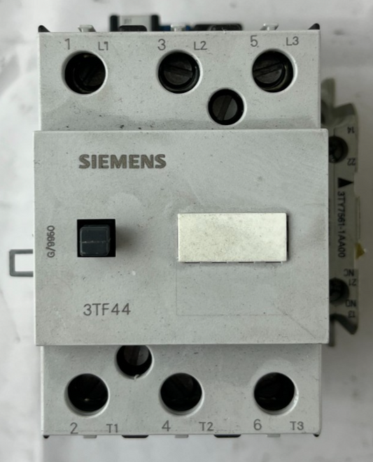 Siemens 3TF44 Contactor 3P w/ 3TY7561-1AA00 Aux Contact Block Used Spare Unit