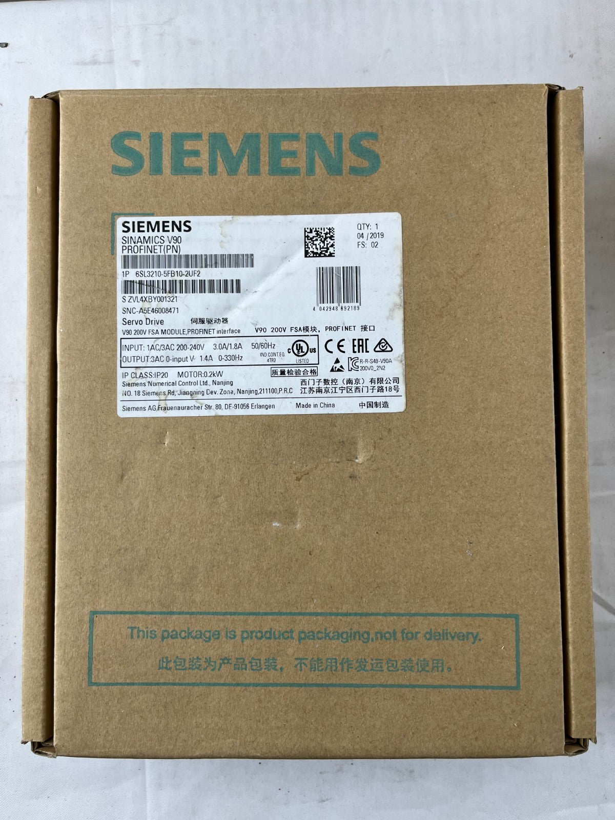 Siemens 6SL3210-5FB10-2UF2 Sinamics V90 Servo Drive 0.2 kW PROFINET New Boxed