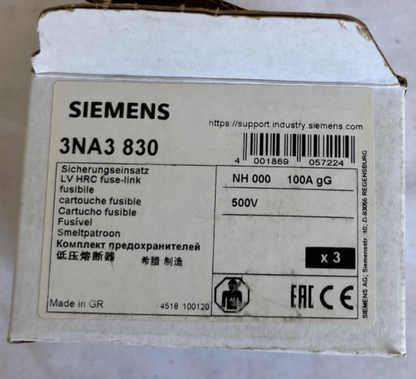 Siemens 3NA3 830 NH000 Fuse Link 100A gG 500V New 3 Pcs Spare Units
