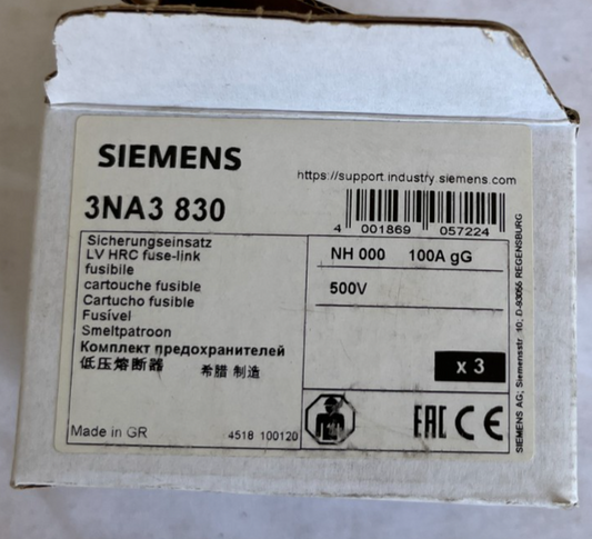 Siemens 3NA3 830 NH000 Fuse Link 100A gG 500V New 3 Pcs Spare Units