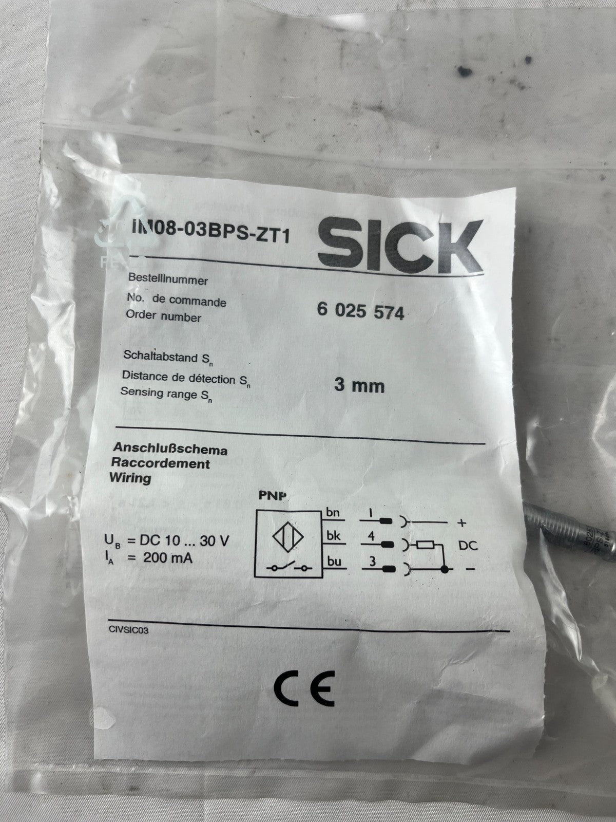 SICK IN08-03BPS-ZT1 Inductive Proximity Sensor 3mm PNP 10–30VDC New Unit