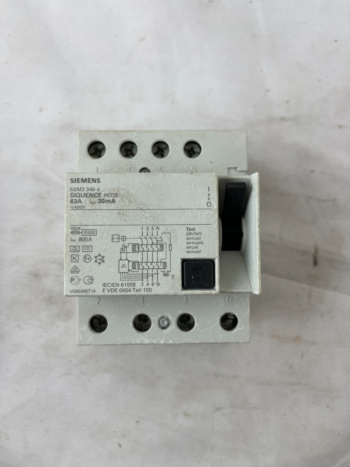 Siemens 5SM3346-4 RCCB Residual Current Circuit Breaker 63A 30mA 4 Pole Used