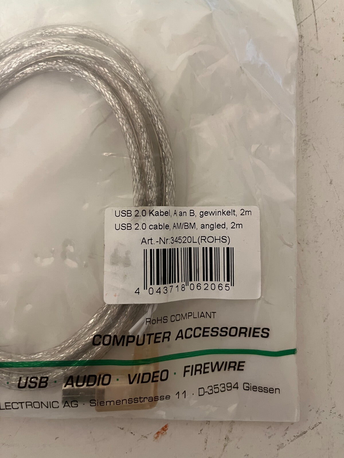 Lot of 2x InLine USB 2.0 Cable AM to BM Angled 2m Art. 34520L New Sealed