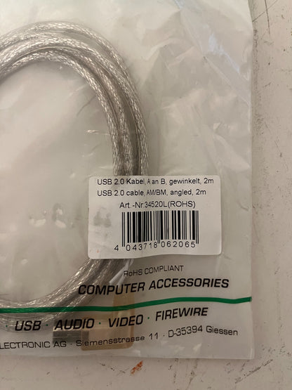 Lot of 2x InLine USB 2.0 Cable AM to BM Angled 2m Art. 34520L New Sealed
