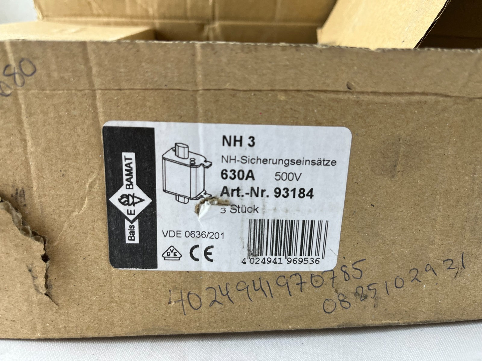 3x Bals Bamat NH3 93184 Fuse 630A 500V gG Industrial Knife Blade NEW (Box of 3)