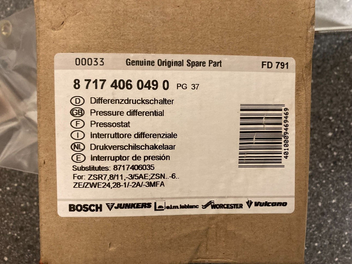 Bosch Junkers Gas Boiler Pressure Differential Switch PN:87174060490 NOS