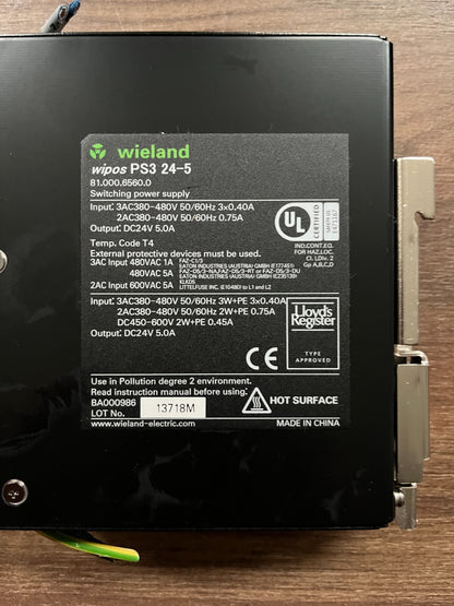 Wieland Wipos PS3 24-5 Power Supply 24V 5A 3PH 380-480V AC Used Working