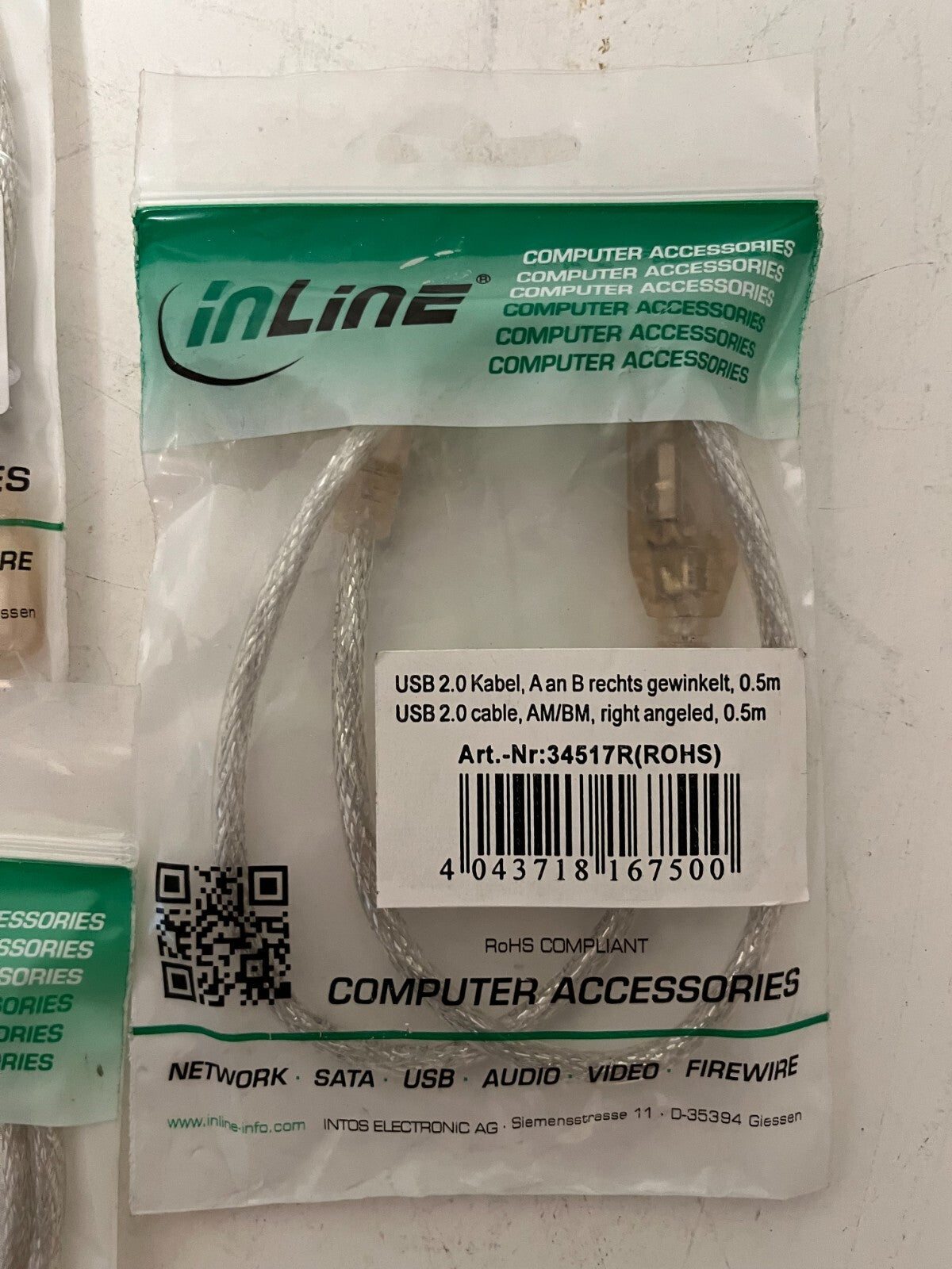 Lot of 7x InLine USB 2.0 AM to BM Angled Cable 0.5m Left/Right New Sealed