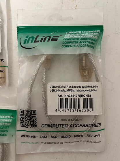 Lot of 7x InLine USB 2.0 AM to BM Angled Cable 0.5m Left/Right New Sealed