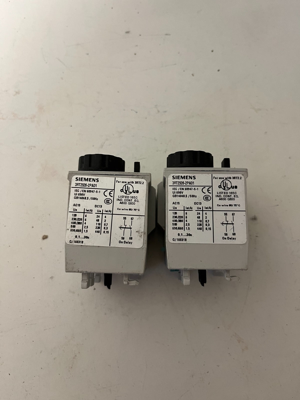 Lot 2x Siemens 3RT2926-2PA01 On-Delay Timer Module 0.1–30s SIRIUS Used Spares