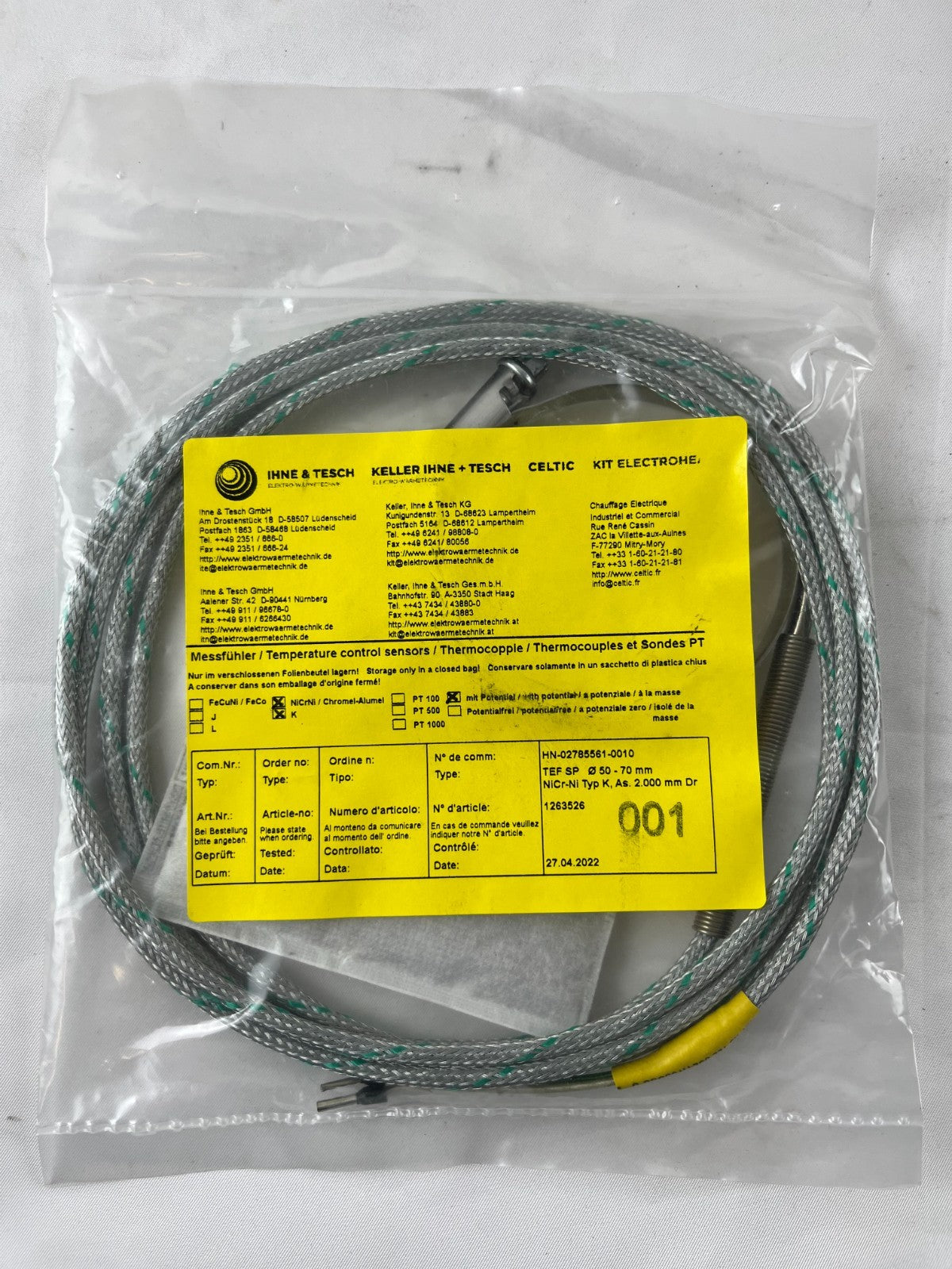 Ihne & Tesch TEF SP Thermocouple Type K Ø50‑70 mm Pipe Clamp Sensor 2m Cable