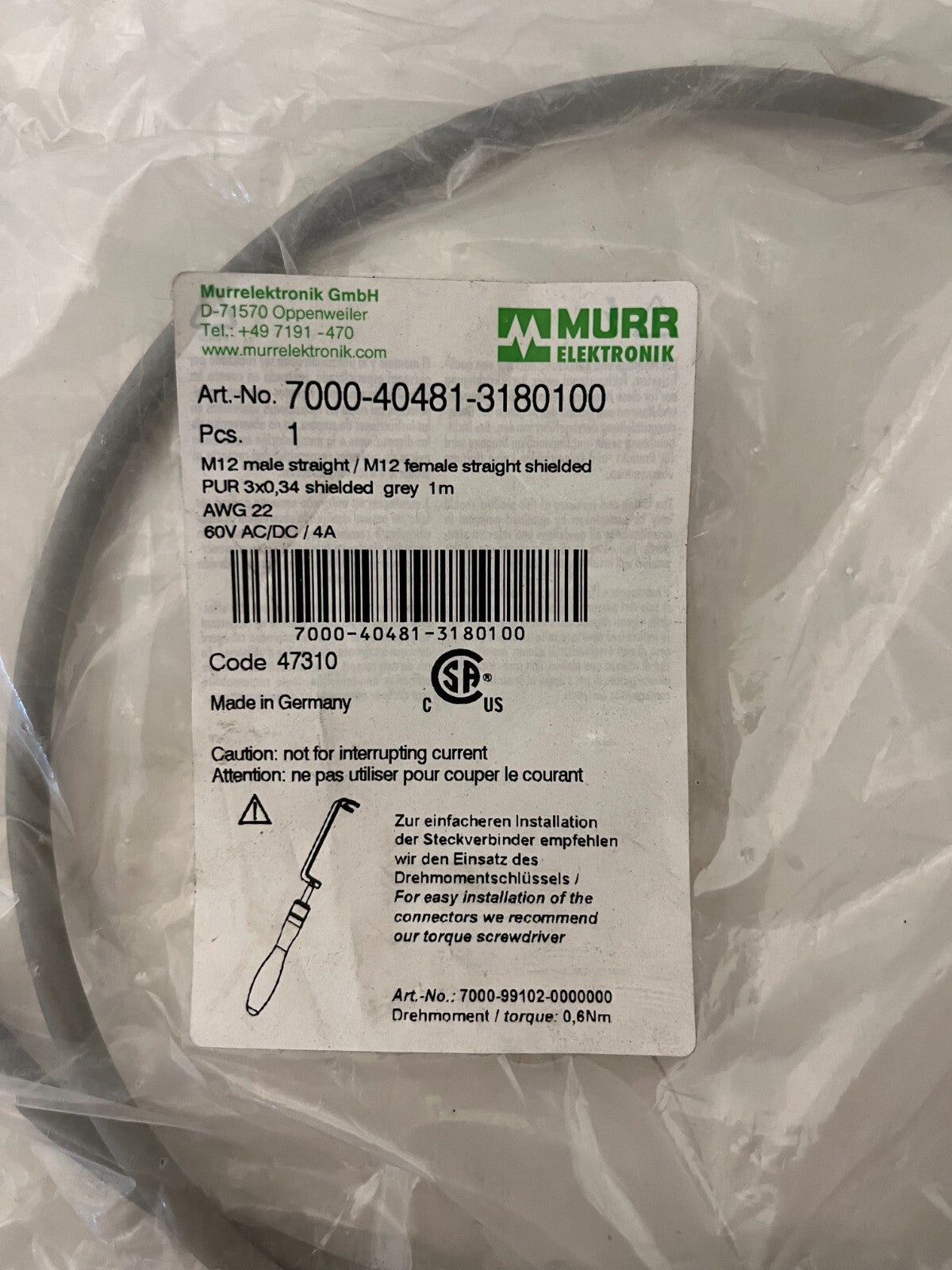 Murrelektronik 7000-40481-3180100 M12 Shielded Cable 1m Male/Female New