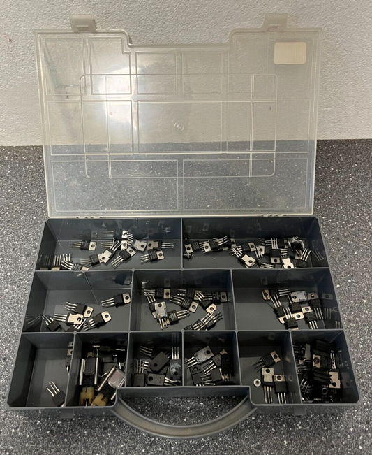 Lot of TO-220 Power Transistors, MOSFETs & Voltage Regulators in Organizer Case