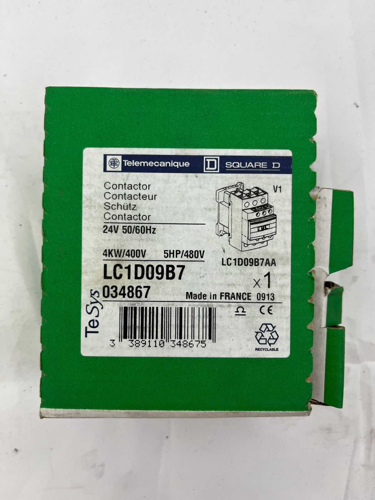 Telemecanique LC1D09B7 Contactor 24V AC Coil, 3P, 9A, 4kW/400V, New in Box