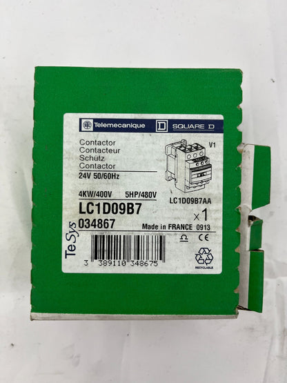 Telemecanique LC1D09B7 Contactor 24V AC Coil, 3P, 9A, 4kW/400V, New in Box