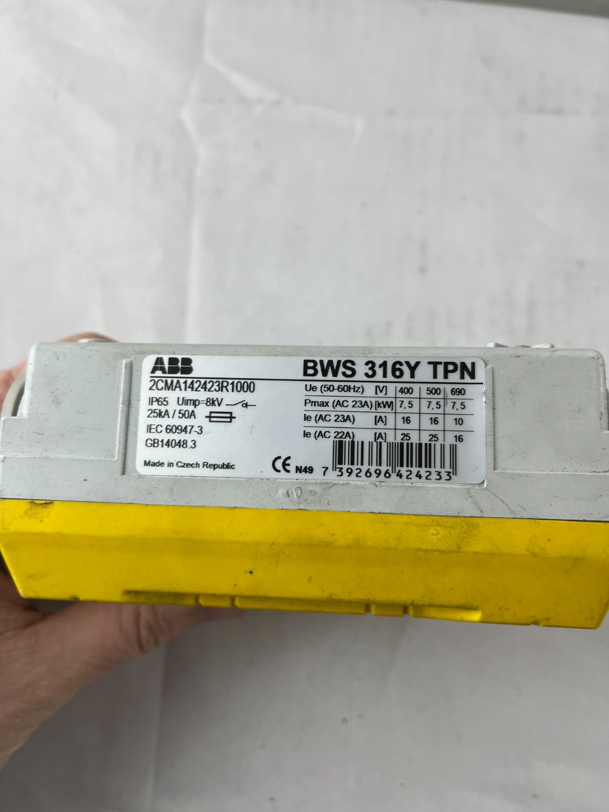 ABB BWS 316Y TPN USED Safety Switch Isolator 16A 3-Pole IP65 Yellow