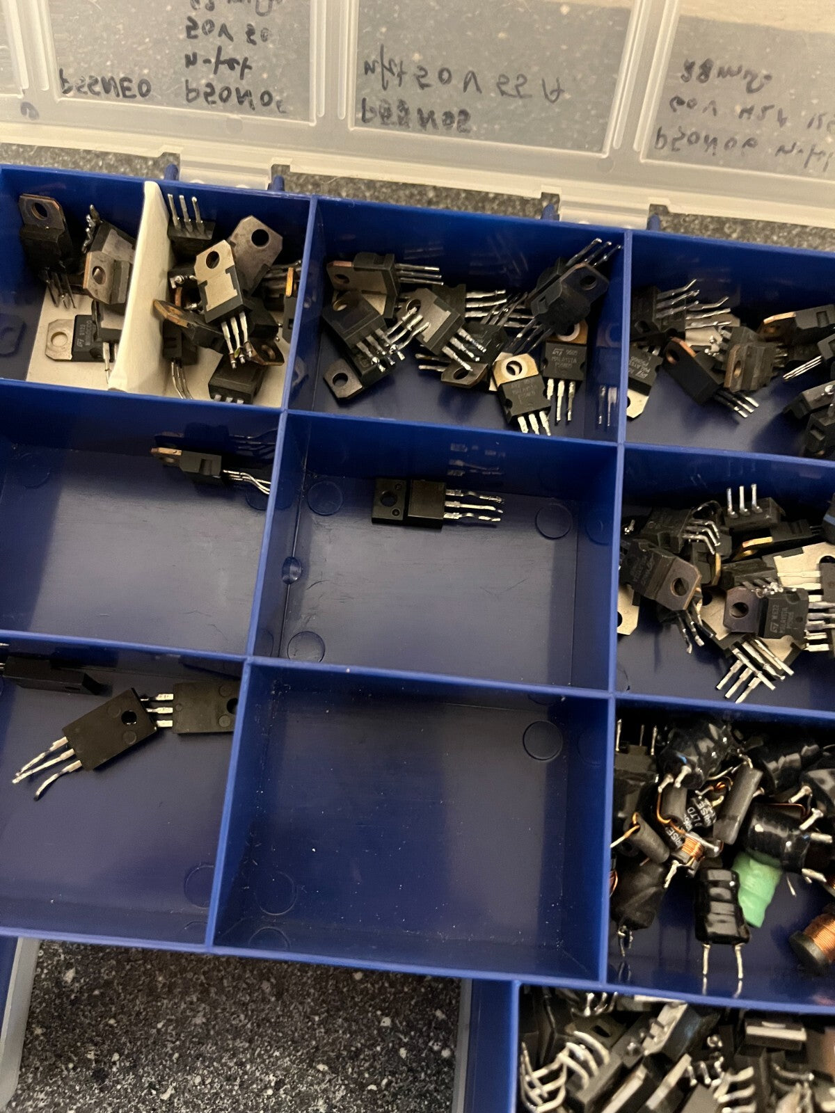 Double-Sided Organizer Box with Assorted Capacitors, IC Chips, and Electronics