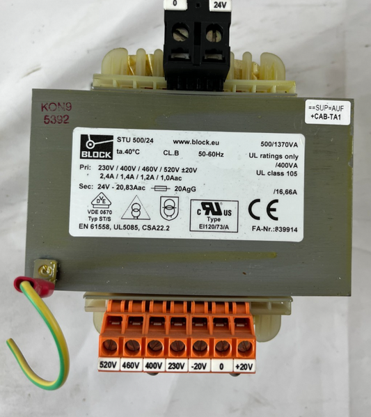BLOCK STU 500/24 Control Transformer 500VA 24V 20.83A 230/400/460/520V Used