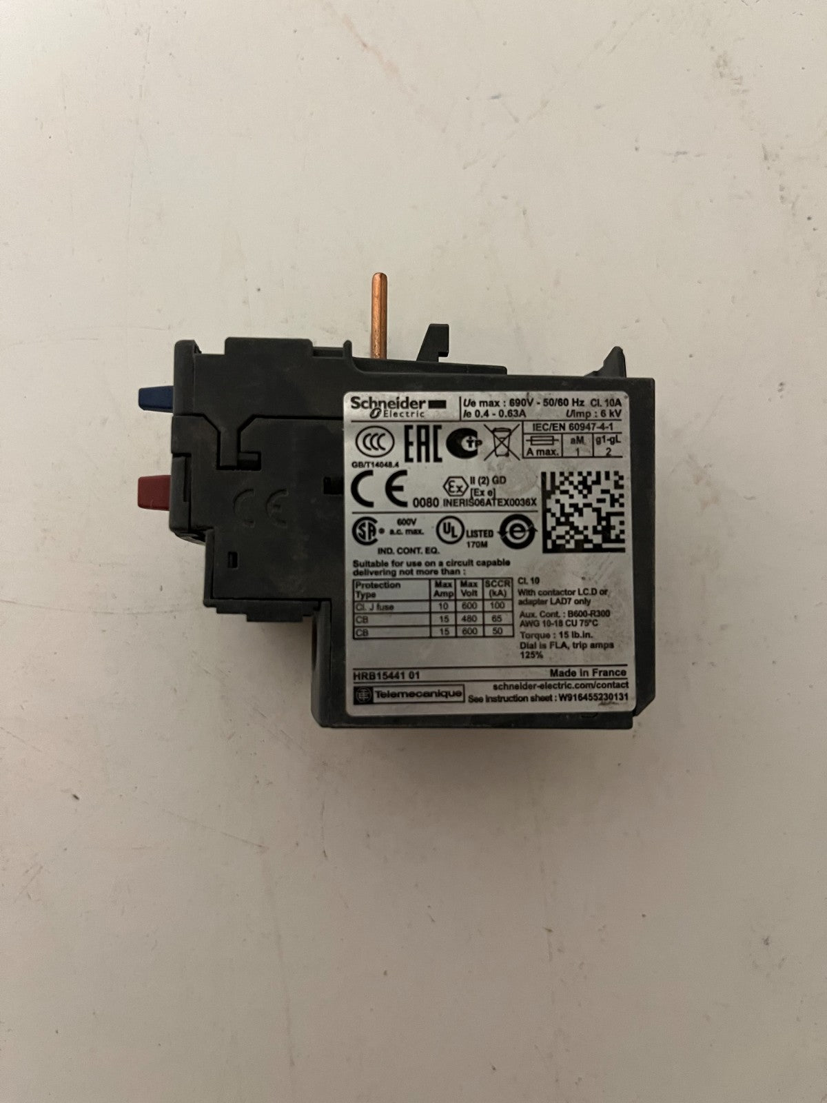 Schneider Electric LRD04 TeSys Thermal Overload Relay 0.4–0.63A 690V, Used OK