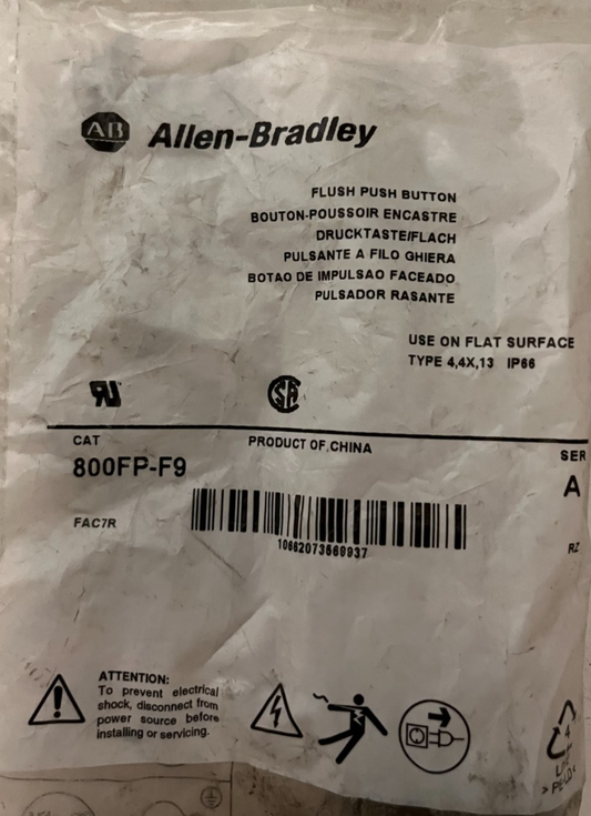 Allen-Bradley 800FP-F9 Flush Push Button, 22mm, IP66, NEW OEM Bag 1 Piece