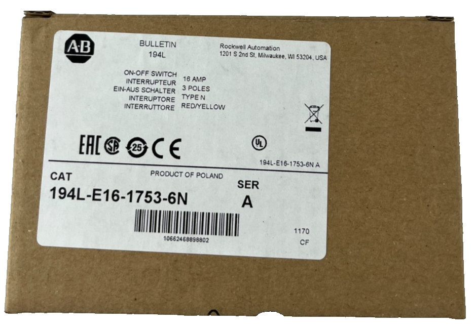 Allen‑Bradley 194L‑E16‑1753‑6N Load Switch 16 A 3‑Pole Red/Yellow Handle New