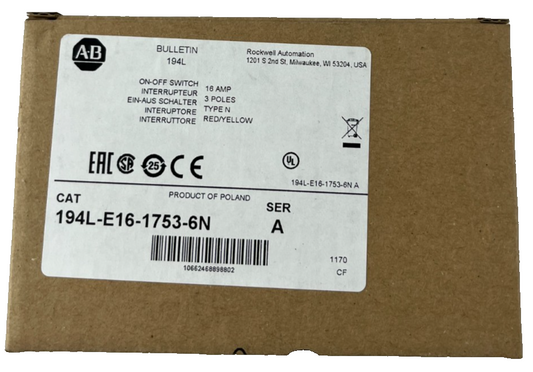 Allen‑Bradley 194L‑E16‑1753‑6N Load Switch 16 A 3‑Pole Red/Yellow Handle New