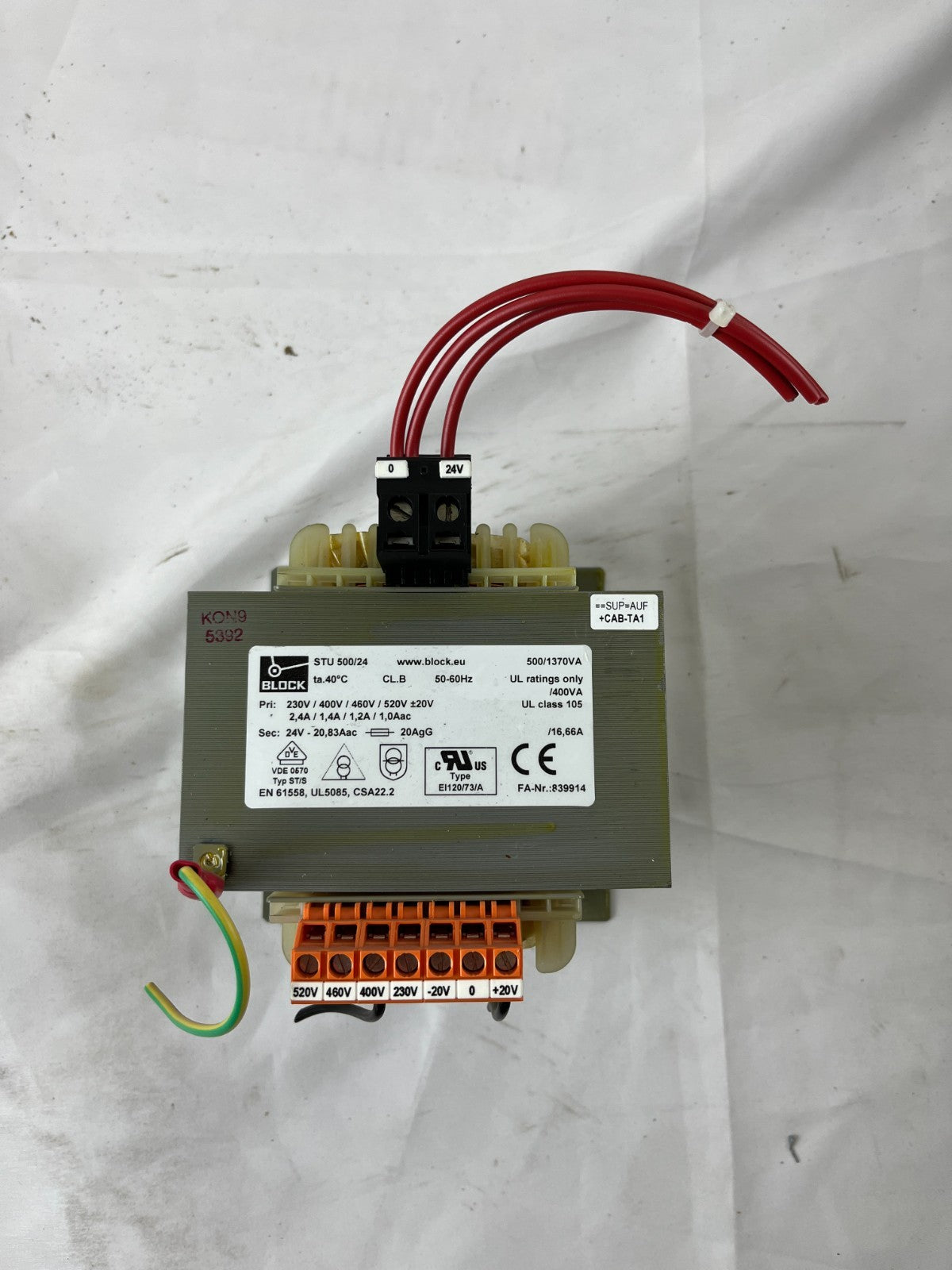 BLOCK STU 500/24 Control Transformer 500VA 24V 20.83A 230/400/460/520V Used