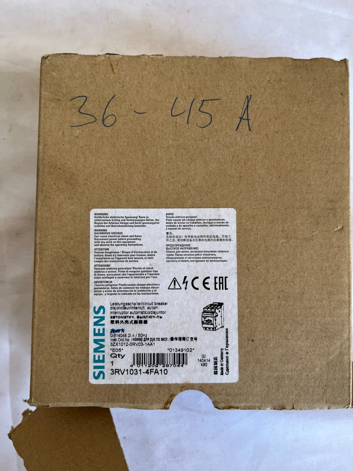 Siemens 3RV1031-4GA10 Sirius Motor Circuit Breaker 36-46A Used Spare Unit