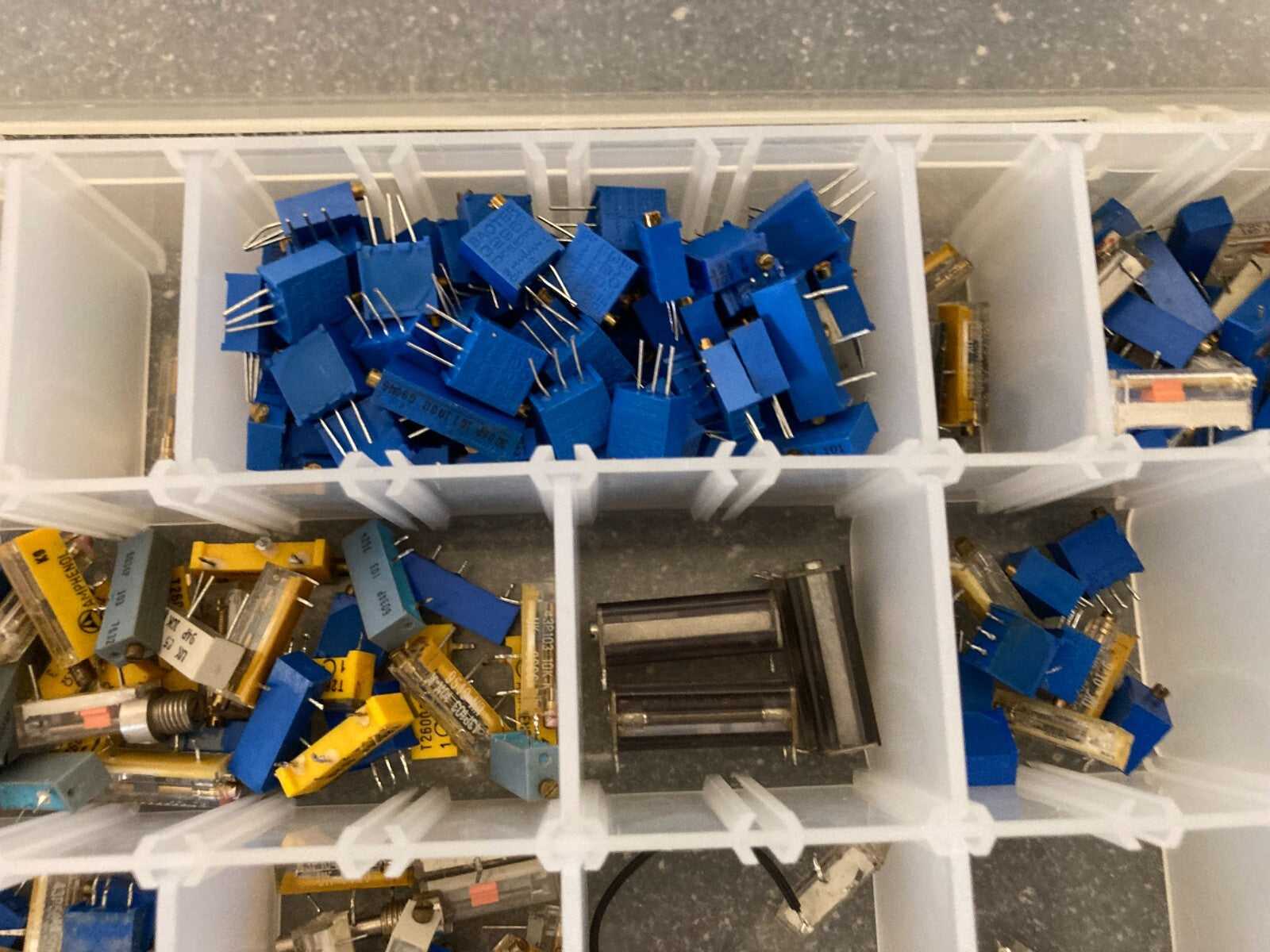 Assorted Trimmer Potentiometers and Switches Lot in Clear Plastic Storage Box
