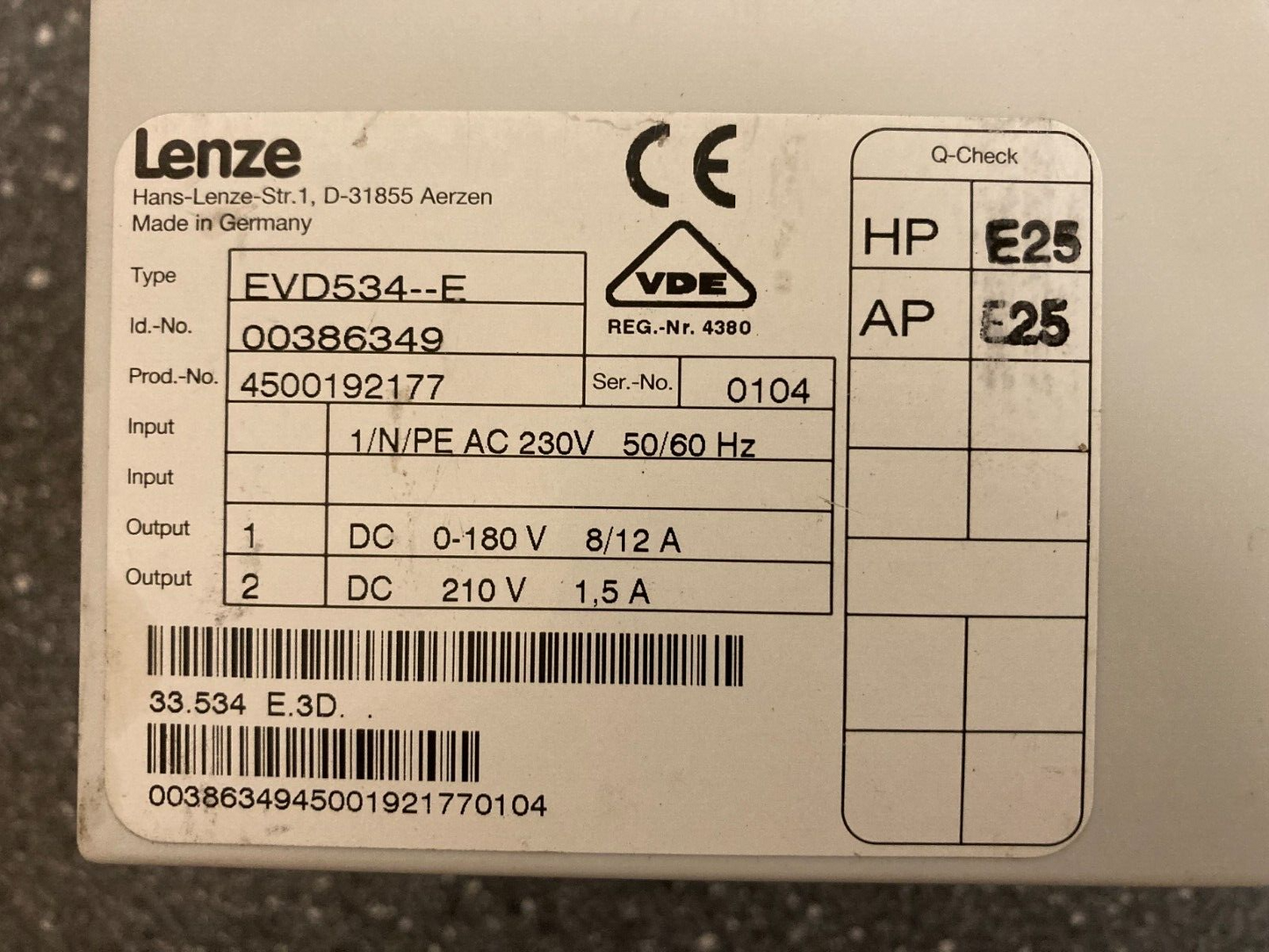 Lenze 530 Adjustable Speed AC Controller - 534_E, Motor Control PN:4500192177