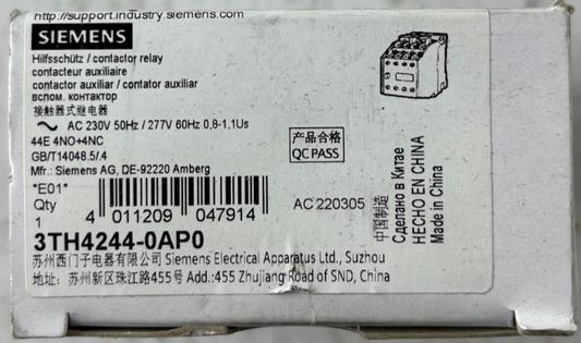 Siemens 3TH4244-0AP0 Contactor Relay 230V 4NO 4NC Auxiliary New Unit
