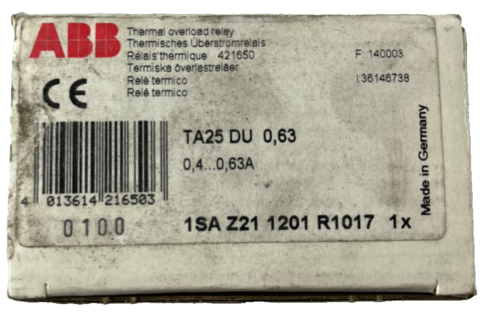 ABB TA25DU-0.63 Thermal Overload Relay 0.40–0.63A New in Box Spare Part