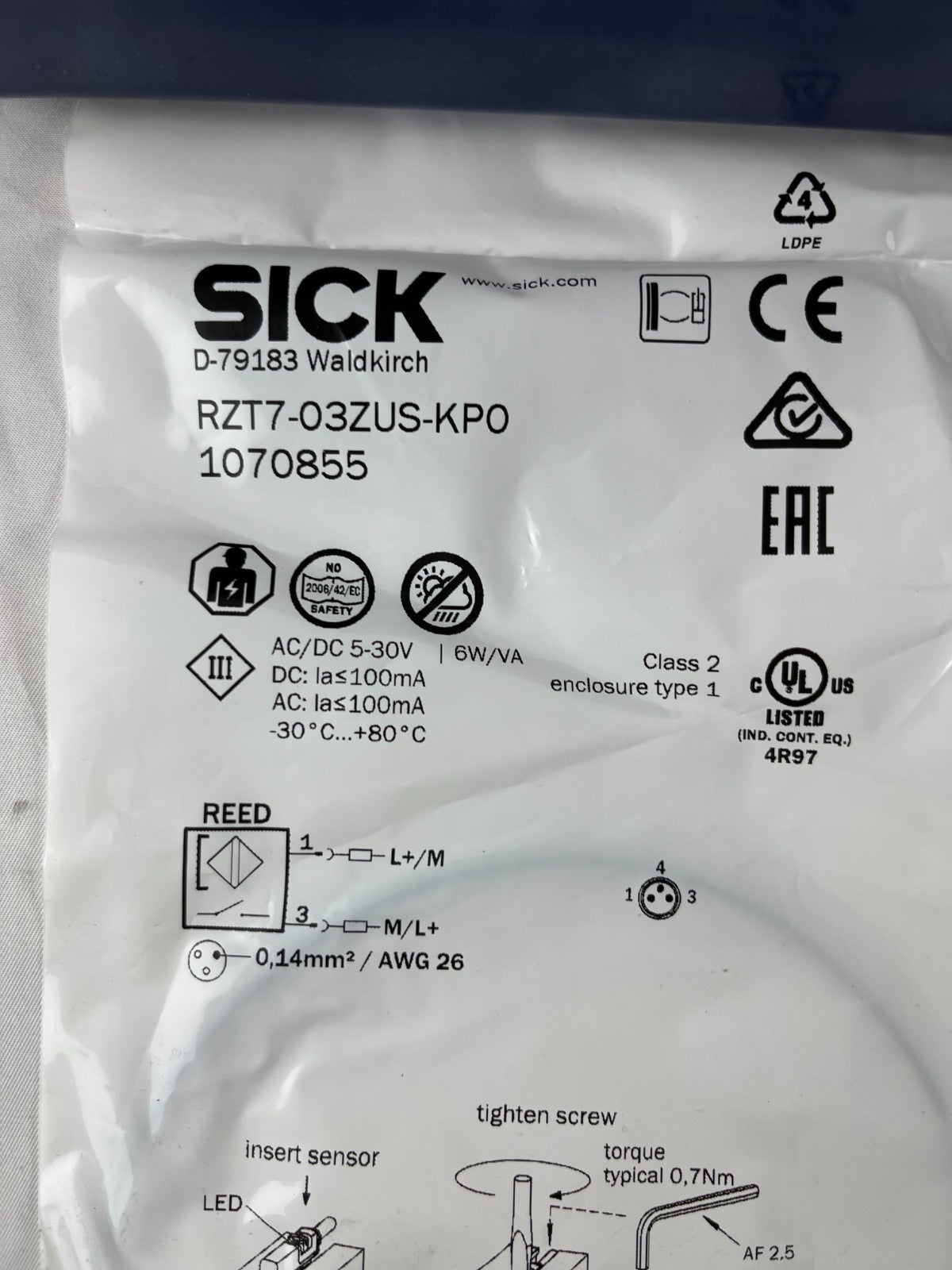 Sick RZT7-03ZUS-KP0 1070855 Reed Cylinder Sensor New Sealed M8 Pneumatic 2024