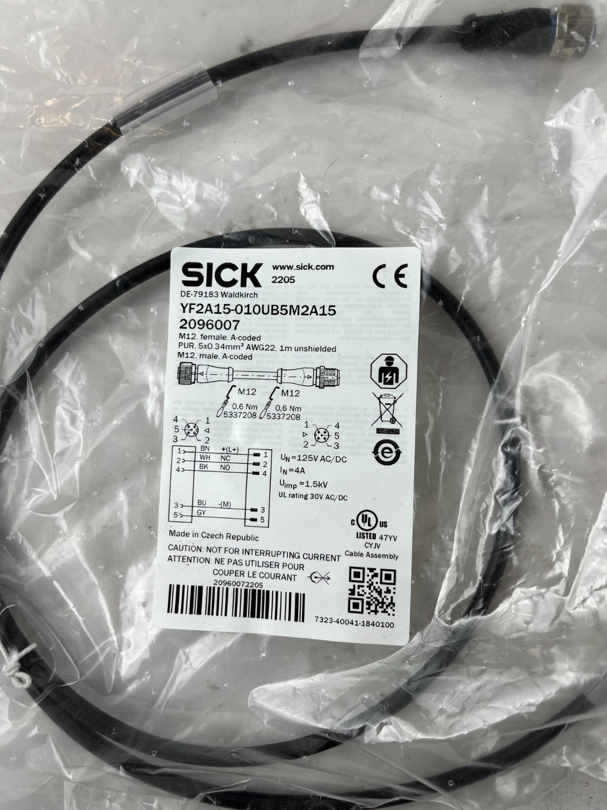 SICK YF2A15-010UB5M2A15 M12 Sensor Cable 1m 5-Pin A-Coded PUR AWG22 Germany NEW