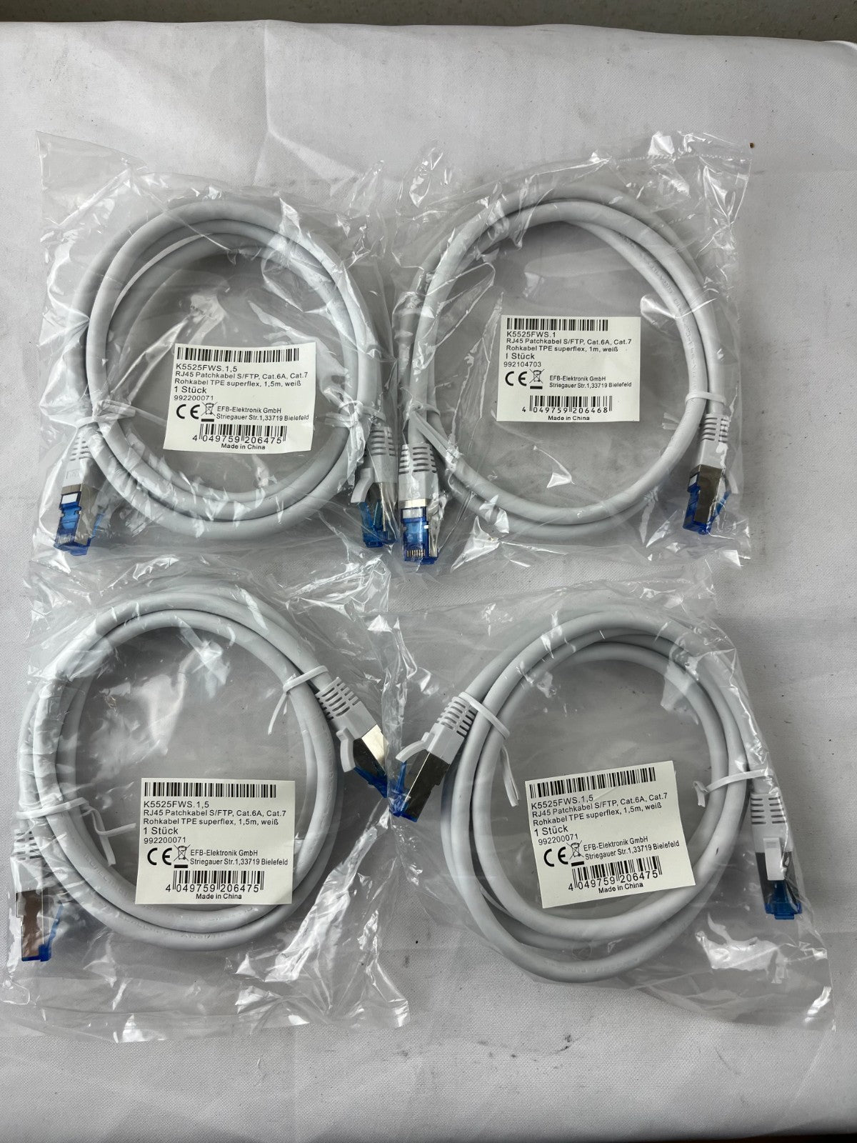 4x EFB K5525FWS NEW Cat.6A S/FTP Patch Cable 1.5m White 10 Gigabit Ethernet