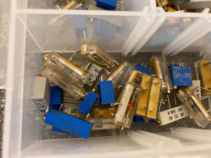 Assorted Trimmer Potentiometers and Switches Lot in Clear Plastic Storage Box