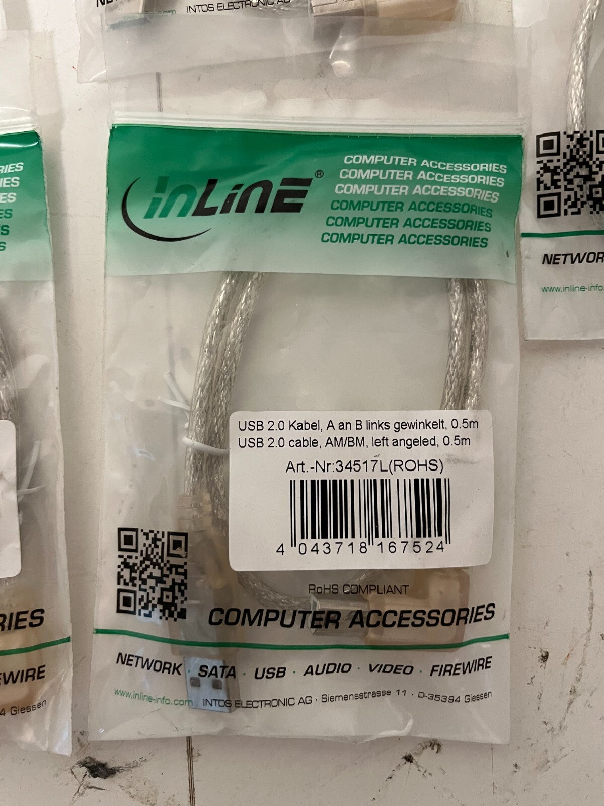 Lot of 7x InLine USB 2.0 AM to BM Angled Cable 0.5m Left/Right New Sealed