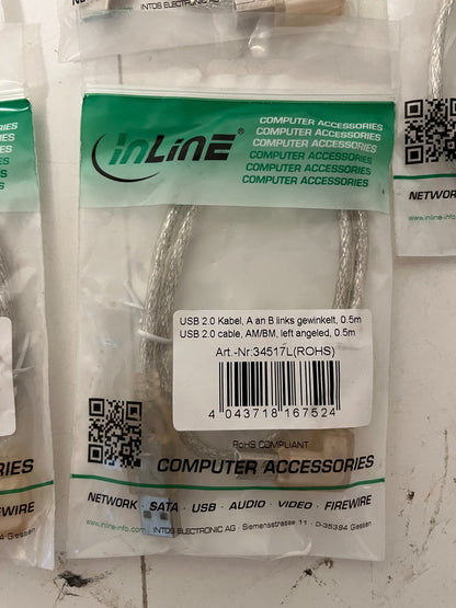 Lot of 7x InLine USB 2.0 AM to BM Angled Cable 0.5m Left/Right New Sealed
