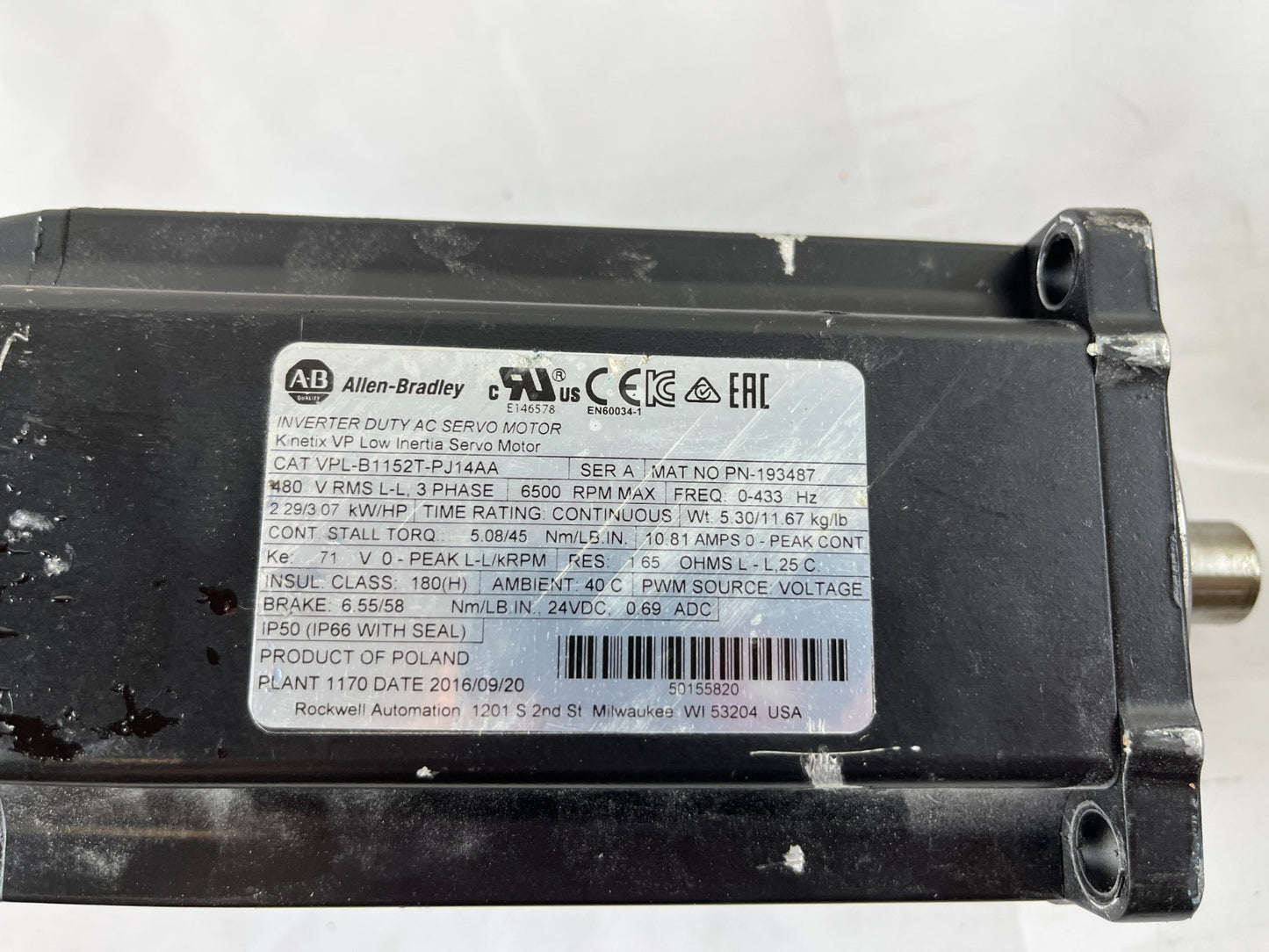 Allen-Bradley VPL-B1152T-PJ14AA Kinetix AC Servo Motor 3.07kW Brake Tested OK