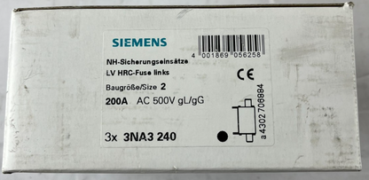 Siemens 3NA3 240 NH2 200A 500V gG LV HRC Fuse Links Box of 3 New Spare
