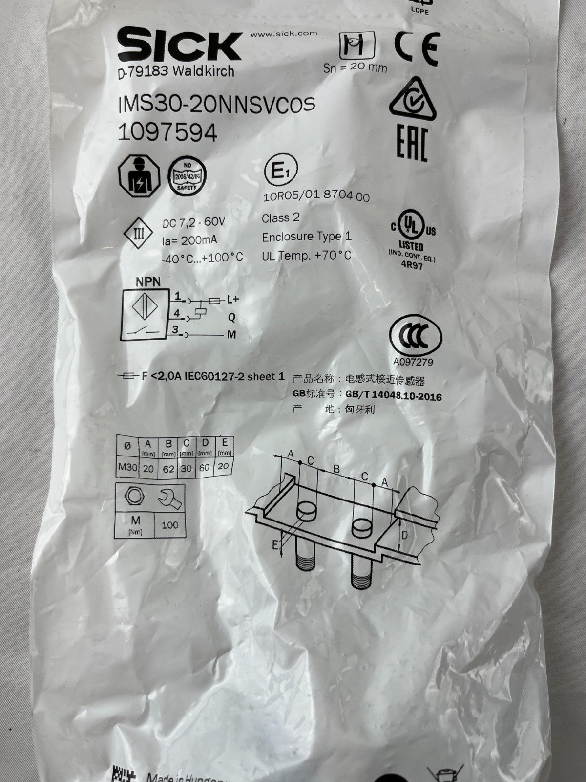 Sick IMS30-20NNSVC0S 1097594 Proximity Sensor M30 20mm NPN New Sealed Hungary